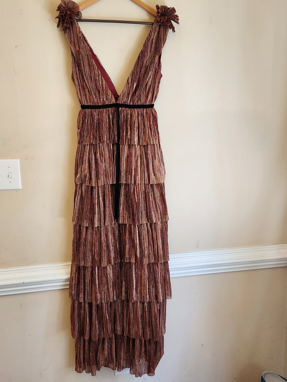 Anthropology  Inpired Formal Tiered Maxi Dress in Gold and Rust